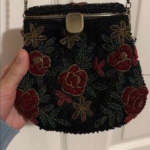 Floral Embroidered Black and Red Women's Bag